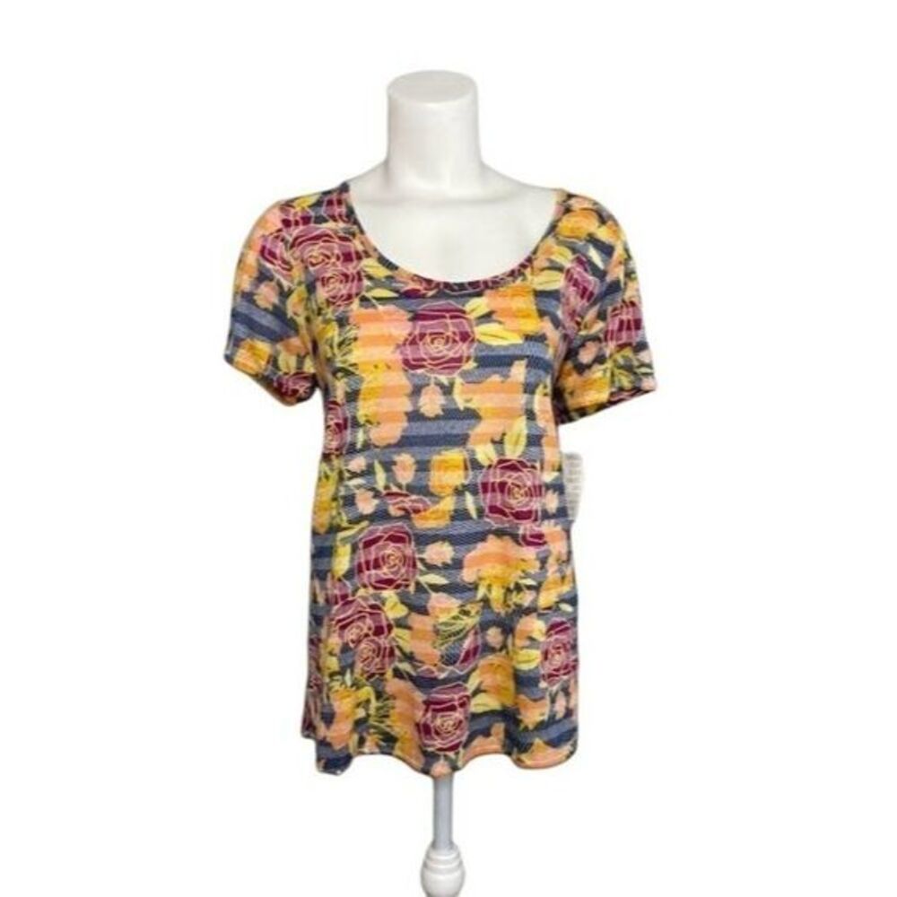 LuLaRoe Classic T Shirt Top Blue Yellow Floral Stripes Super Soft Medium NEW